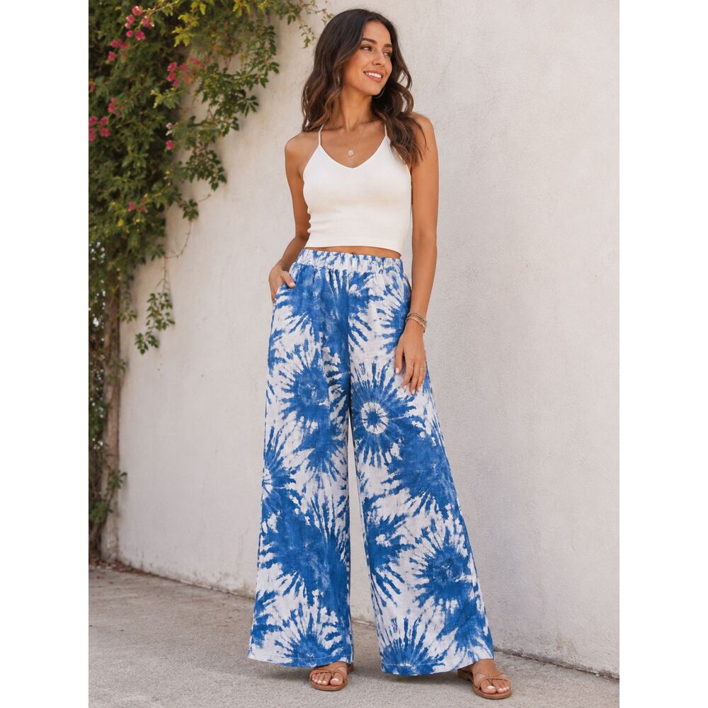 Women’s Blue White Tie-Dye Wide Leg Palazzo Pants XL Elastic Waist Pockets